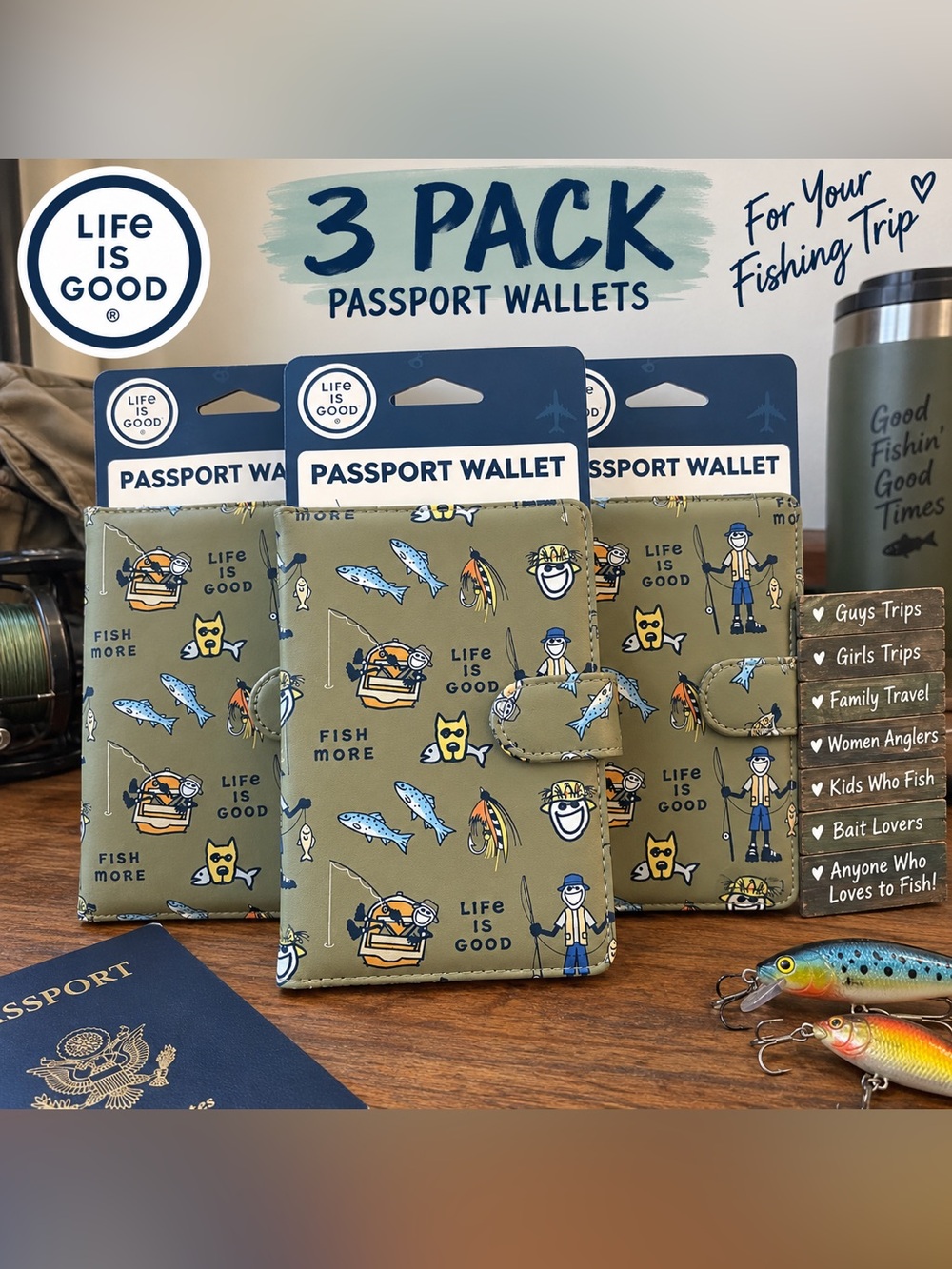 Life is Good Passport Wallet 3 Pack NWT Fishing Travel Fish More
